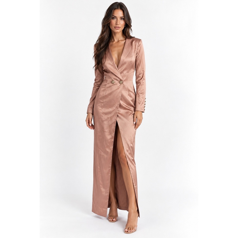 Bossa Kaia Blazer Dress Bronze BS1604 Satin Maxi Gold Button Long Sleeve New S
